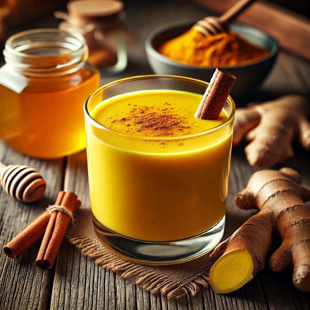 Dall·e 2024 11 11 09.46.16 A Warm, Inviting Image Of A Glass Of Turmeric And Ginger Golden Milk On A Rustic Wooden Table, Appearing Slightly More Liquid And Smooth In Texture. T