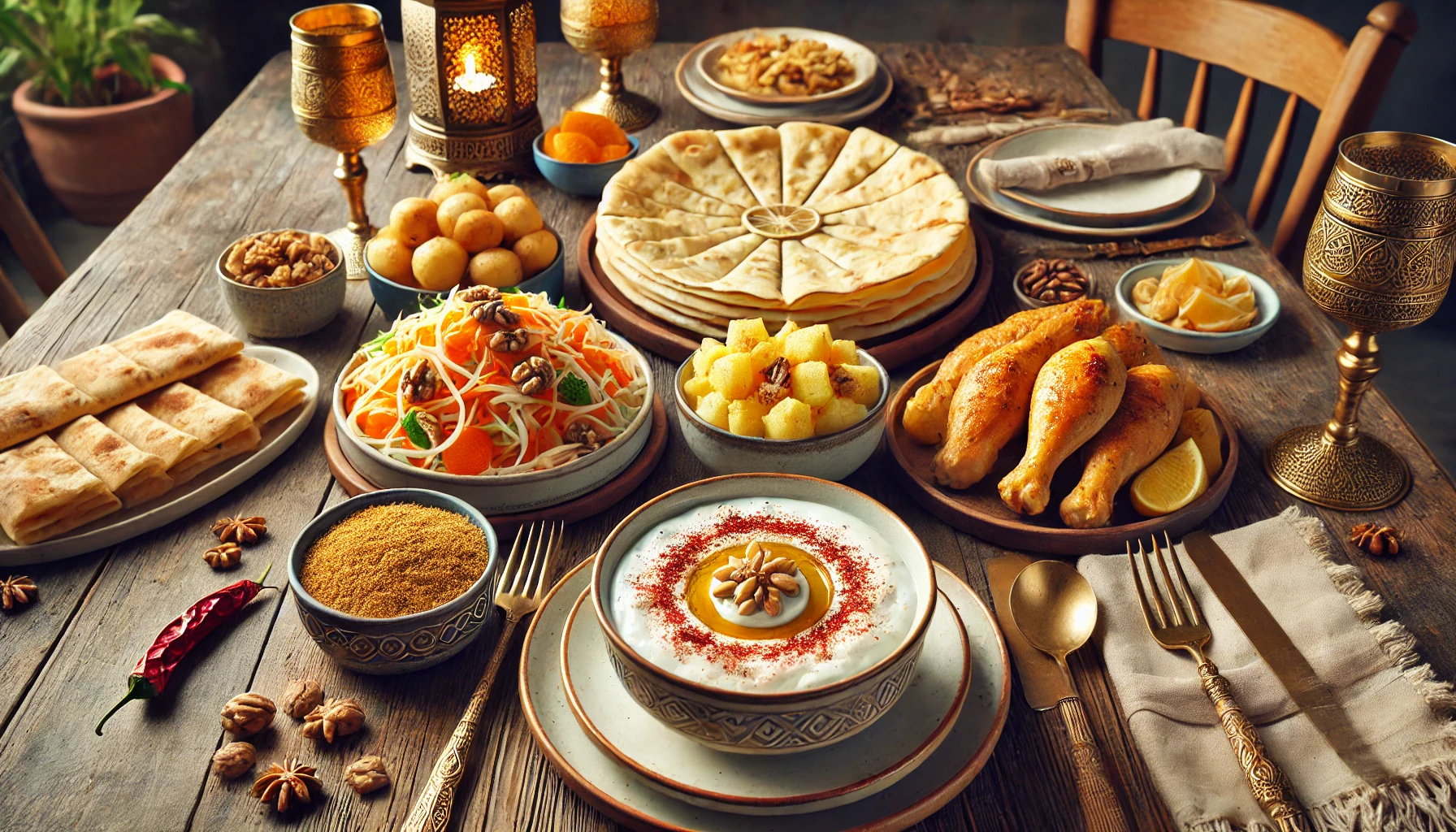 Dall·e 2025 03 10 14.28.19 A Beautifully Arranged Iftar Meal On A Wooden Table. The Meal Includes A Bowl Of Ezogelin Soup With A Sprinkle Of Red Pepper Flakes, A Plate Of Creamy