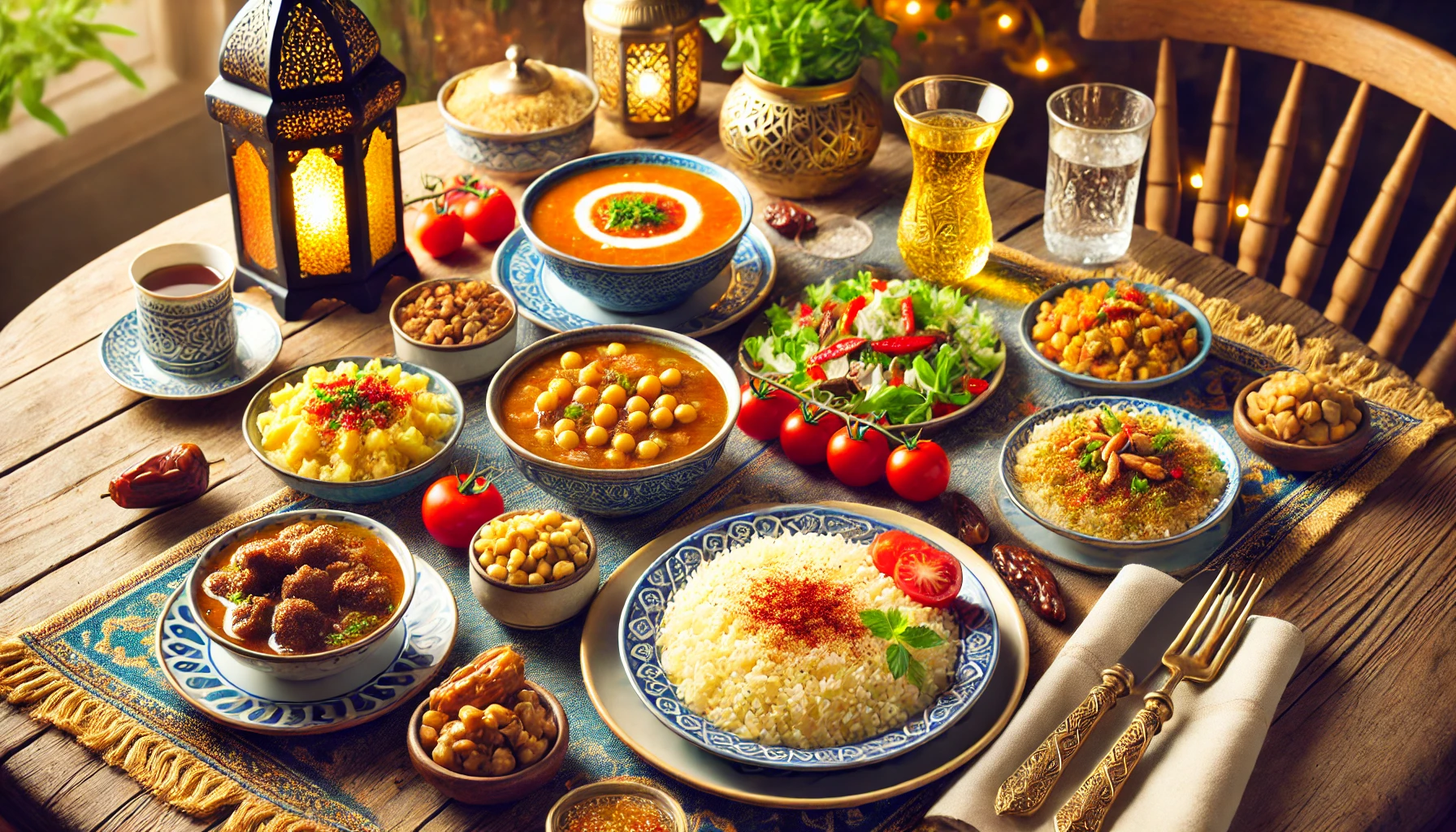 Dall·e 2025 03 13 15.21.30 A Beautifully Arranged Iftar Table Featuring Traditional Turkish Dishes. The Table Includes A Bowl Of Ezogelin Soup With A Sprinkle Of Red Pepper On T