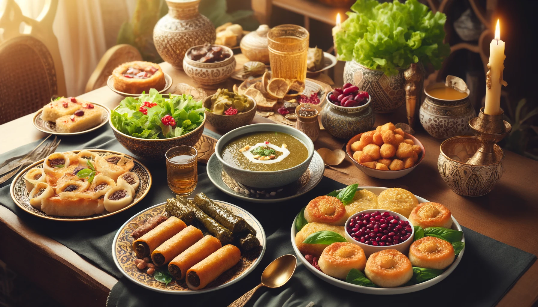Dall·e 2025 03 15 09.49.41 A Beautifully Arranged Iftar Meal On A Dining Table, Featuring A Bowl Of Lentil Soup With Croutons, A Plate Of Stuffed Grape Leaves, Golden Brown Böre