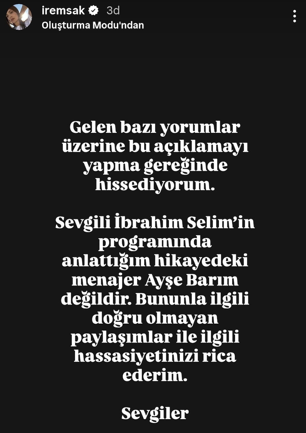 İrem Sak’tan Menajer İddialarına Yanıt: “Ayşe Barım Değil”