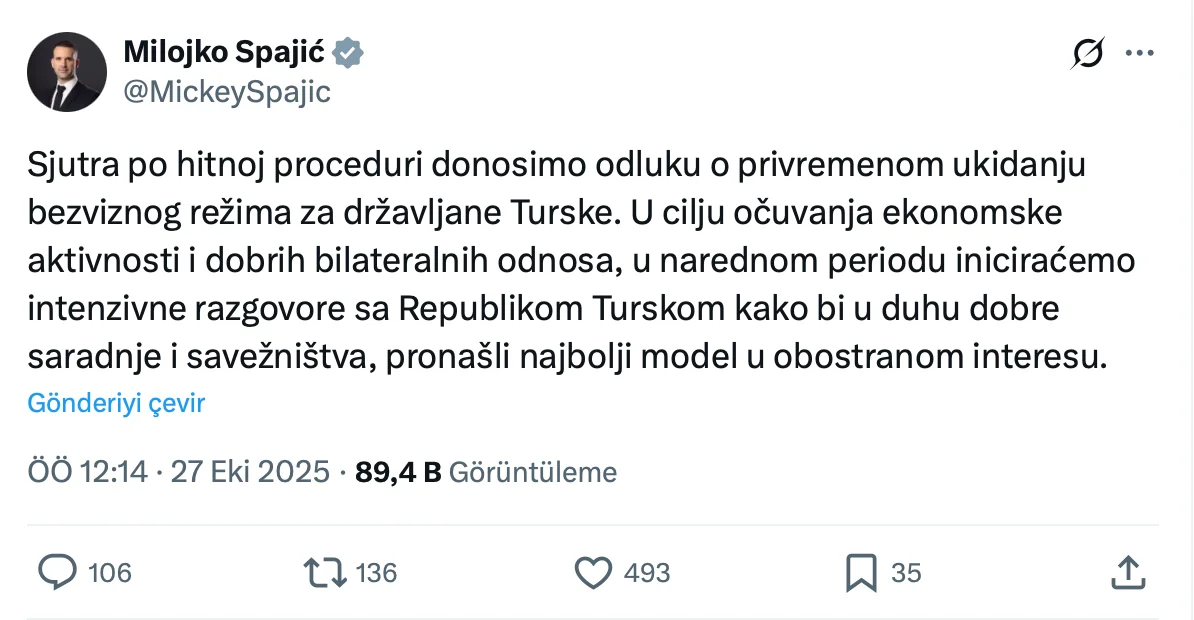 Karadağ Başbakanı Vize Açıklaması