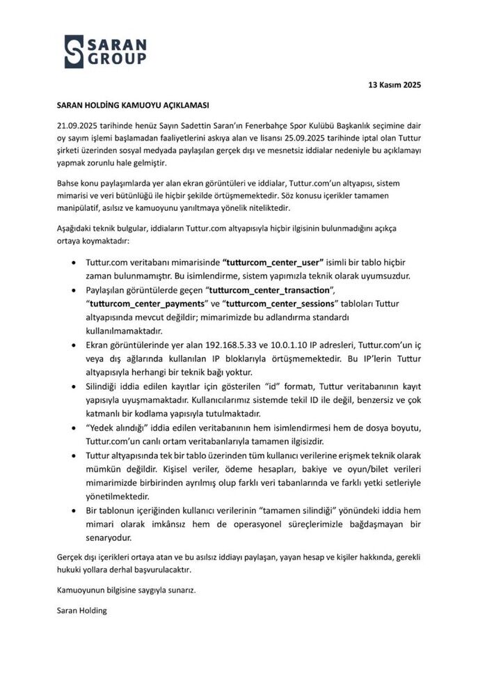 Saran Group, Fenerbahçeli futbolcuların Tuttur’daki verilerinin silindiği iddiasını yalanladı