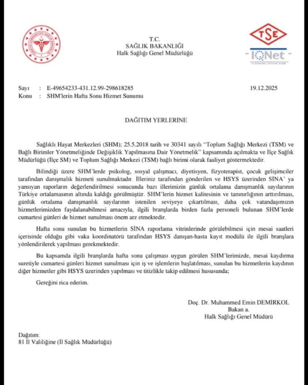 Shm Hafta Sonu Hizmet Resmi Yazı