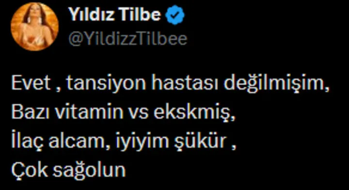 Geçtiğimiz günlerde yüksek tansiyon şüphesiyle hastaneye kaldırılan ve hayranlarını korkutan ünlü sanatçı Yıldız Tilbe, sağlık durumuyla ilgili beklenen müjdeli haberi verdi.
