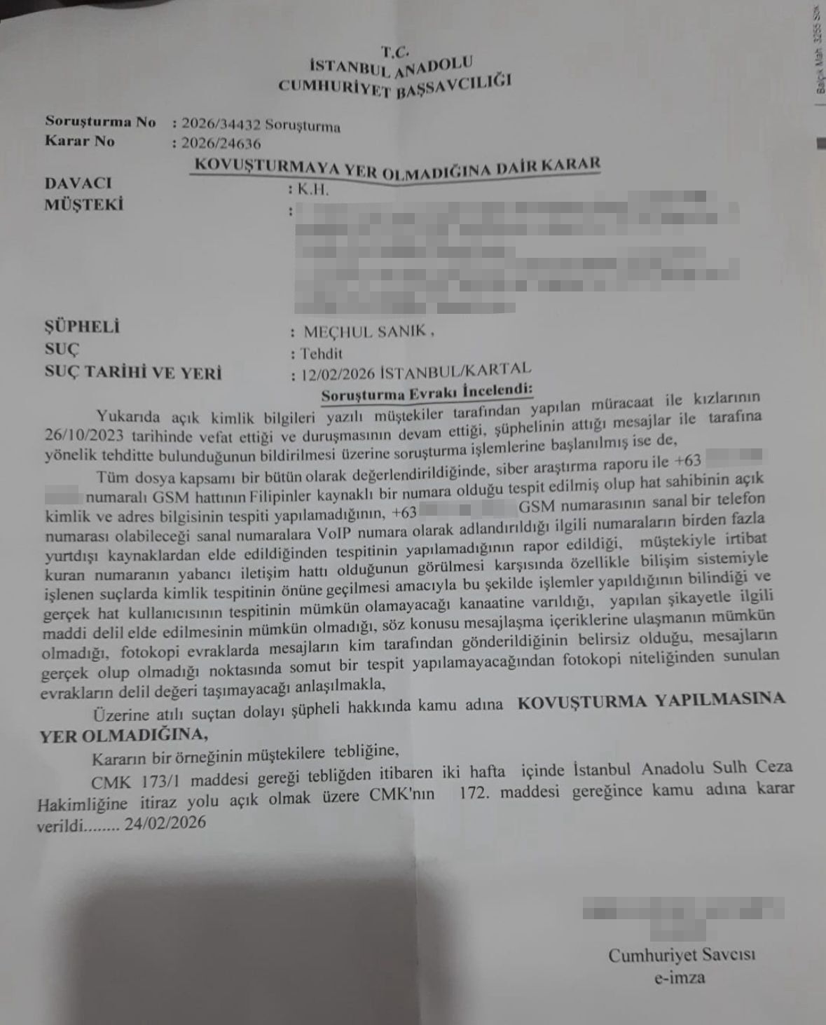 Zeren Ertaş Aile Tehdit Savcılık Kararı