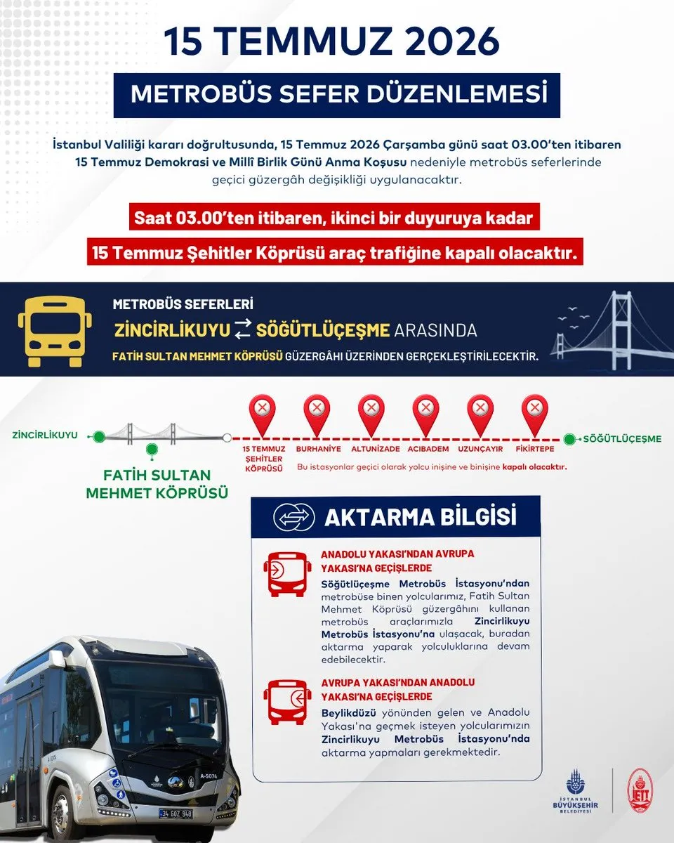 İstanbul'da 15 Temmuz Şehitler Köprüsü trafiğe kapatıldı: Metrobüs güzergâhı değişti-1