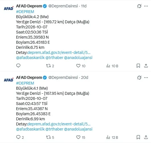 AFAD duyurdu: Ege Bölgesi'nde peş peşe 2 deprem
