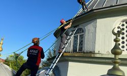 Bolu'da başına poşet takılan leylek cami kubbesine halatla tırmanan ekiplerce kurtarıldı